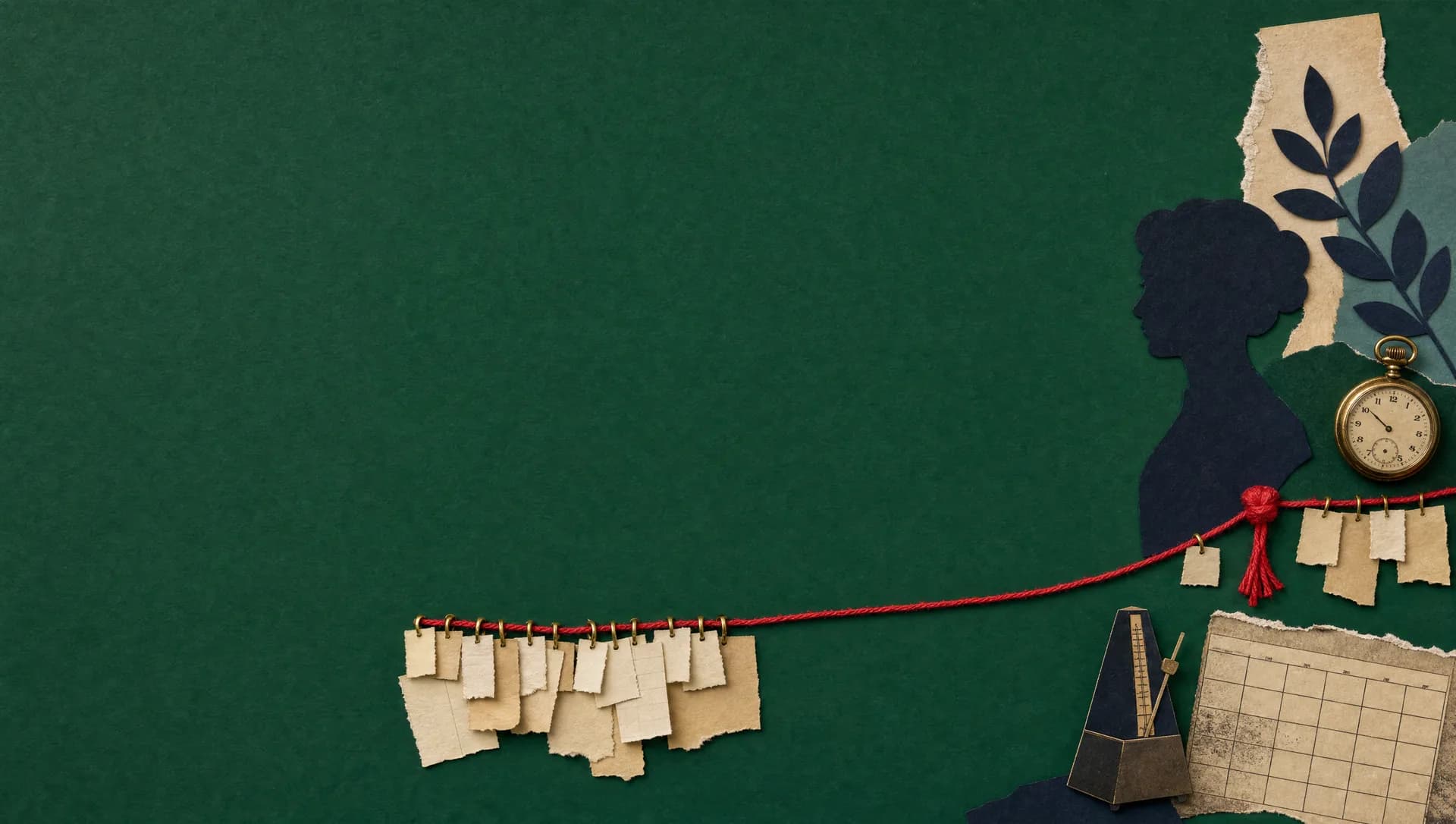 Paper collage on saturated emerald green: a red thread timeline hung with paper notes, a dense cluster, a bare gap, then a knot, beside a silhouette, a pocket watch and a metronome