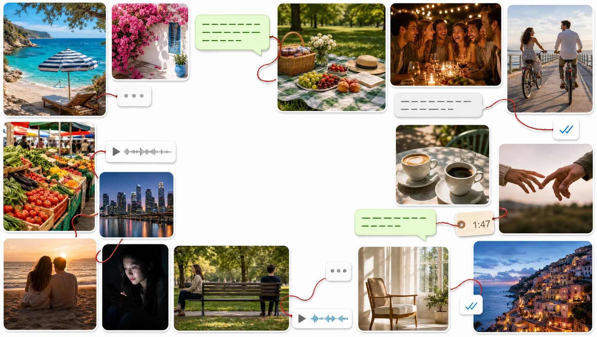 A warm mosaic of photo memories mixed with paper chat bubbles, typing dots, a voice-note waveform and a late-night timestamp, around an open cream center